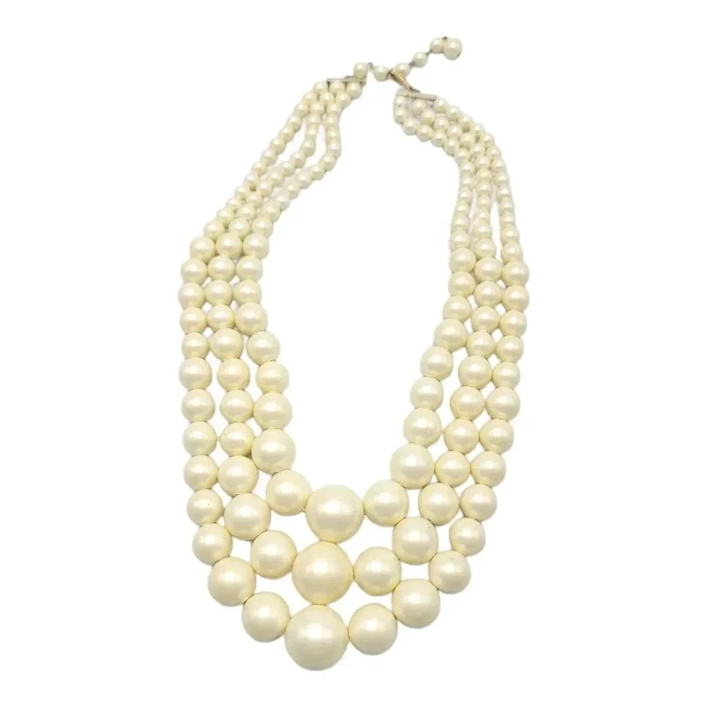 Ivory Colored Multi Strand Acrylic Graduated Pearl Adjustable Necklace Vintage